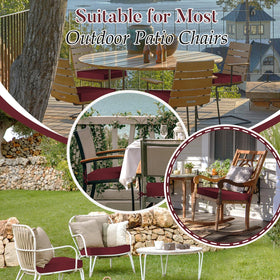 Basic Beyond burgundy patio cushions on chairs create cozy ambiance