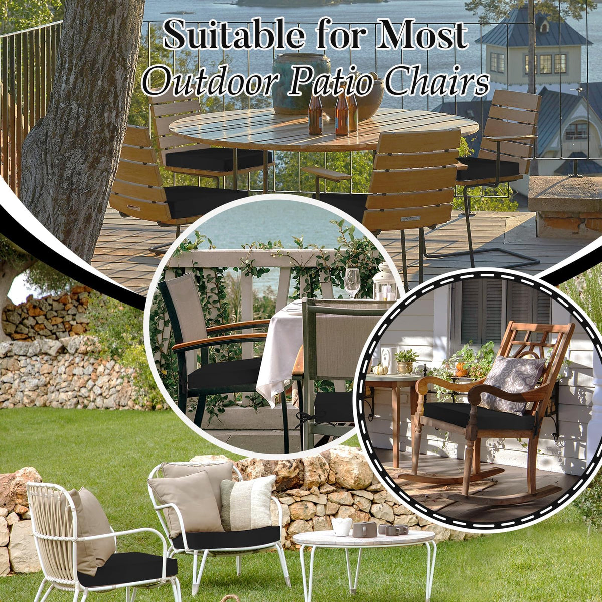 Set of four Basic Beyond cushions fits most patio chairs.