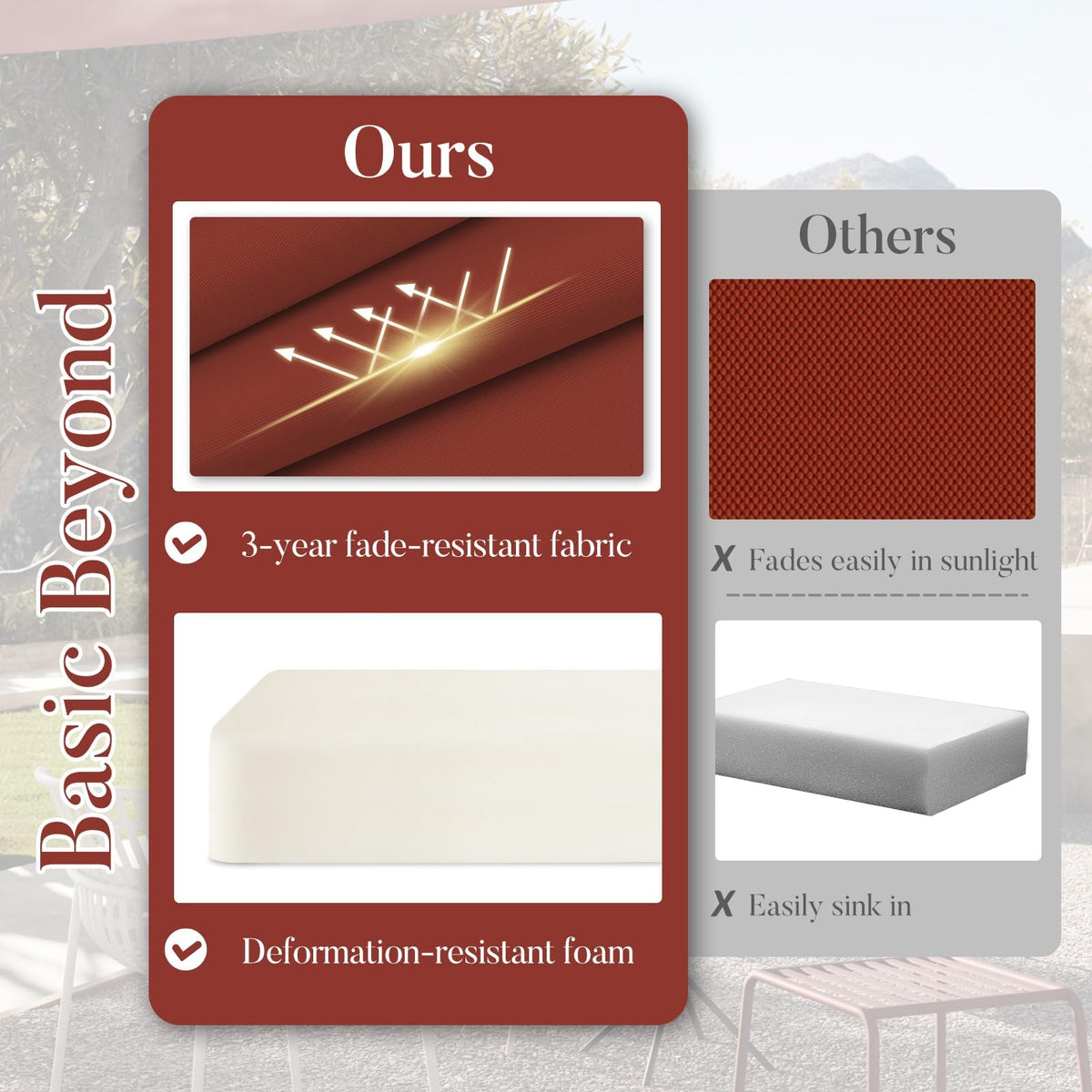 Basic Beyond brick red cushions back view highlights waterproof fabric for outdoor use