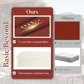 Basic Beyond brick red cushions back view highlights waterproof fabric for outdoor use