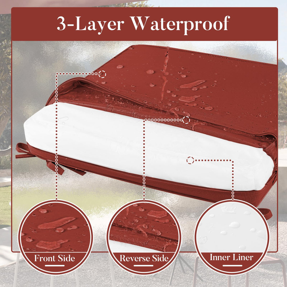 Basic Beyond brick red cushions – carry handle visible for easy transport