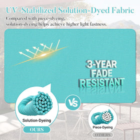 Basic Beyond teal cushions on patio chairs with non-slip straps to stay in place