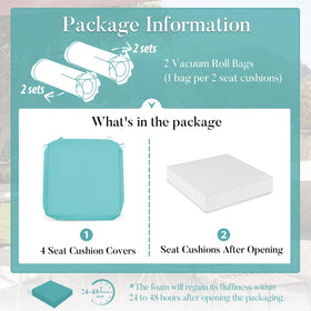 Basic Beyond teal cushions in use on rounded corner chairs for a snug fit