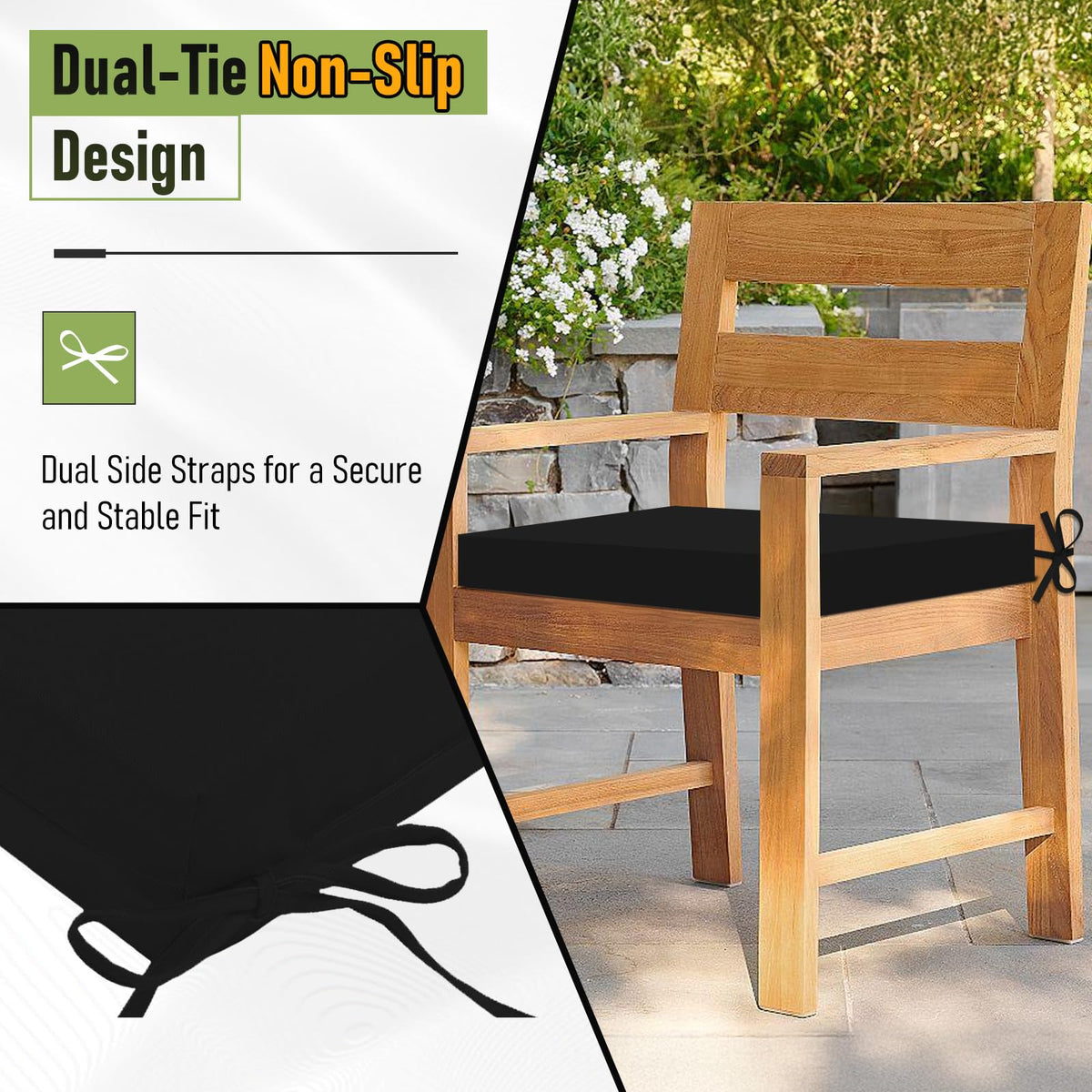Basic Beyond outdoor cushions strap details illustrating stability on chairs