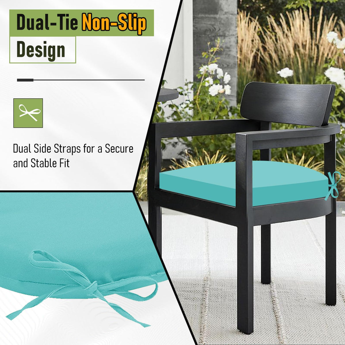 Basic Beyond waterproof outdoor cushions teal fabric suitable for all-weather outdoor use.