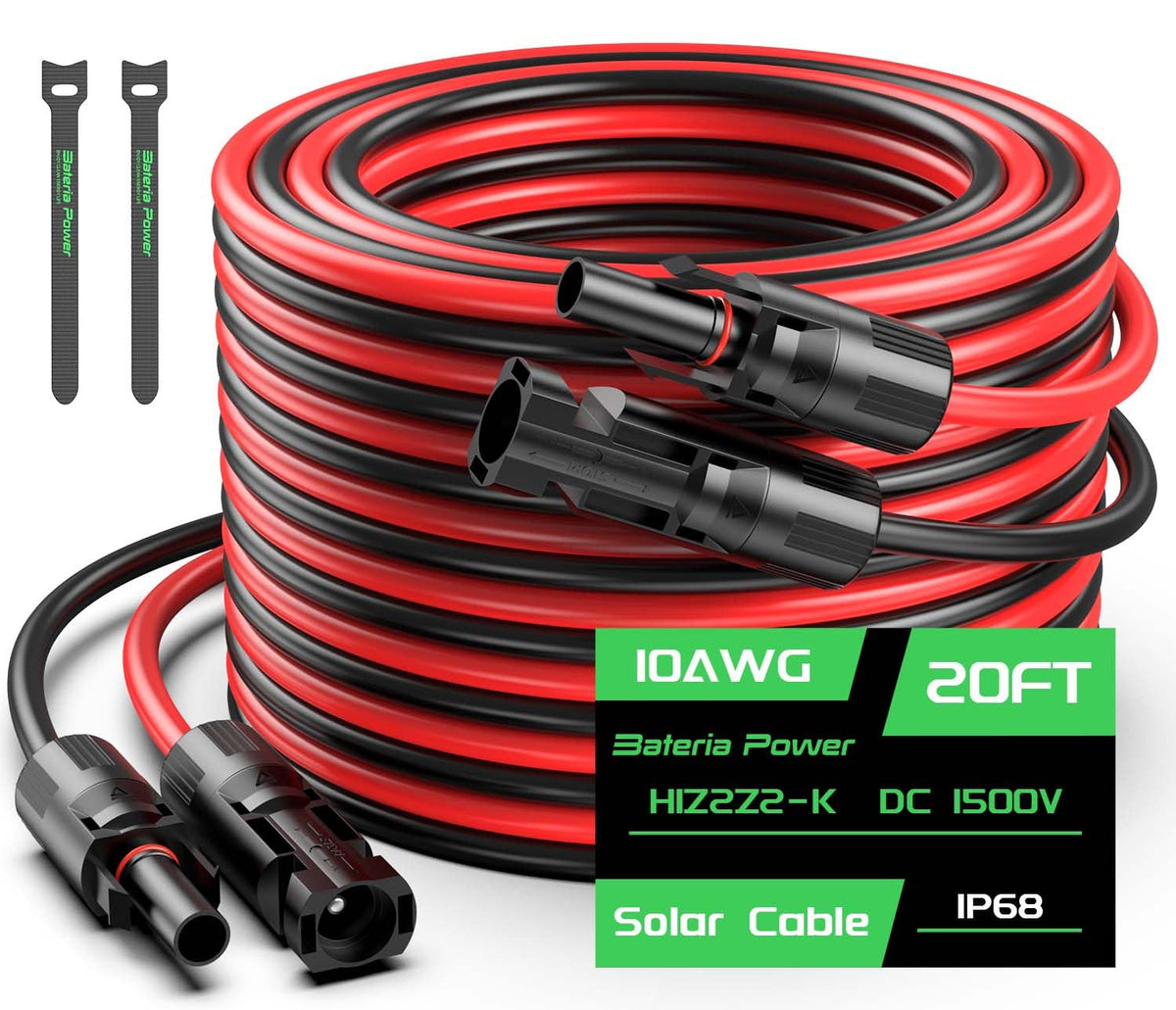 Bateria Power 20ft black solar cable ready for outdoor RV connections
