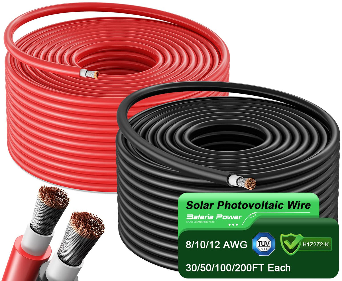 Bateria Power solar extension wire kit in black and red for outdoor PV connections.
