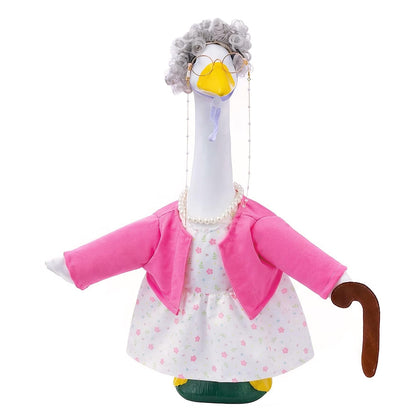 Batfsm old lady porch goose outfit in hot pink floral dress for vintage porch charm.