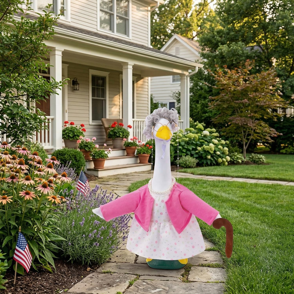 Batfsm old lady porch goose outfit pearl necklace adds elegant detail for photos.