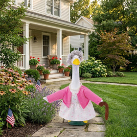 Batfsm old lady porch goose outfit pearl necklace adds elegant detail for photos.