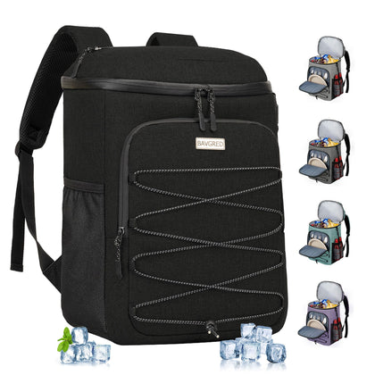 BAVGRED Cooler Backpack front view showing the 30-can main compartment and easy-access lid.