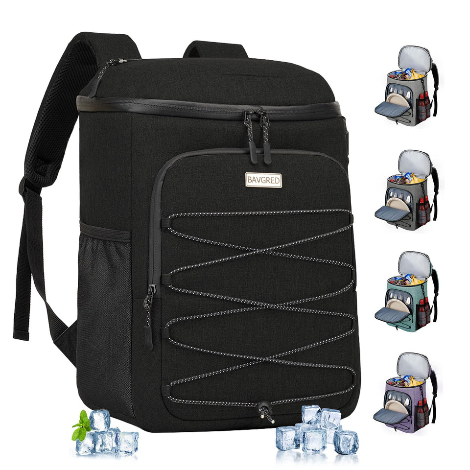 BAVGRED Cooler Backpack front view showing the 30-can main compartment and easy-access lid.