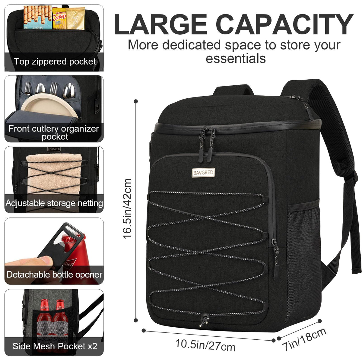 BAVGRED Cooler Backpack side pocket designed for bottles and beverages on the go.