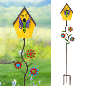 BAYN Bird House Stake with yellow butterfly design enhances garden decor and attracts small birds.