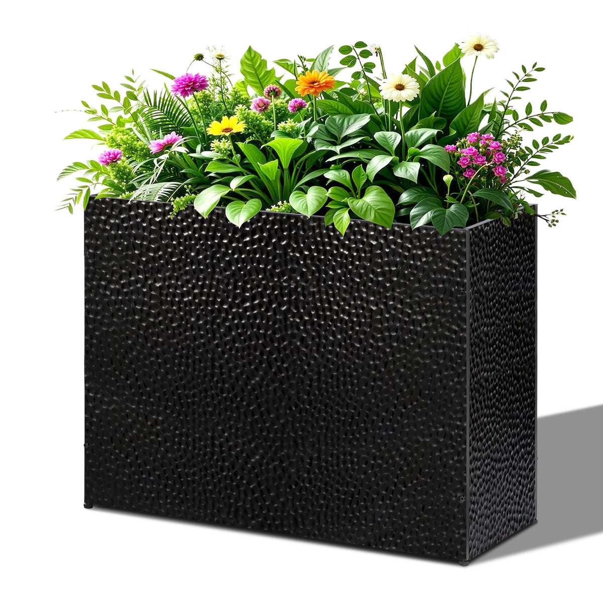 BAYN hand-hammered rectangle black planter adds artisanal flair to outdoor spaces, ideal for patios