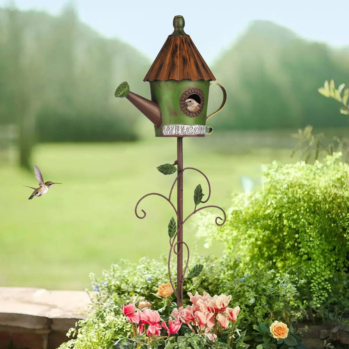 BAYN rustic metal birdhouse with coil detail for vintage outdoor charm.