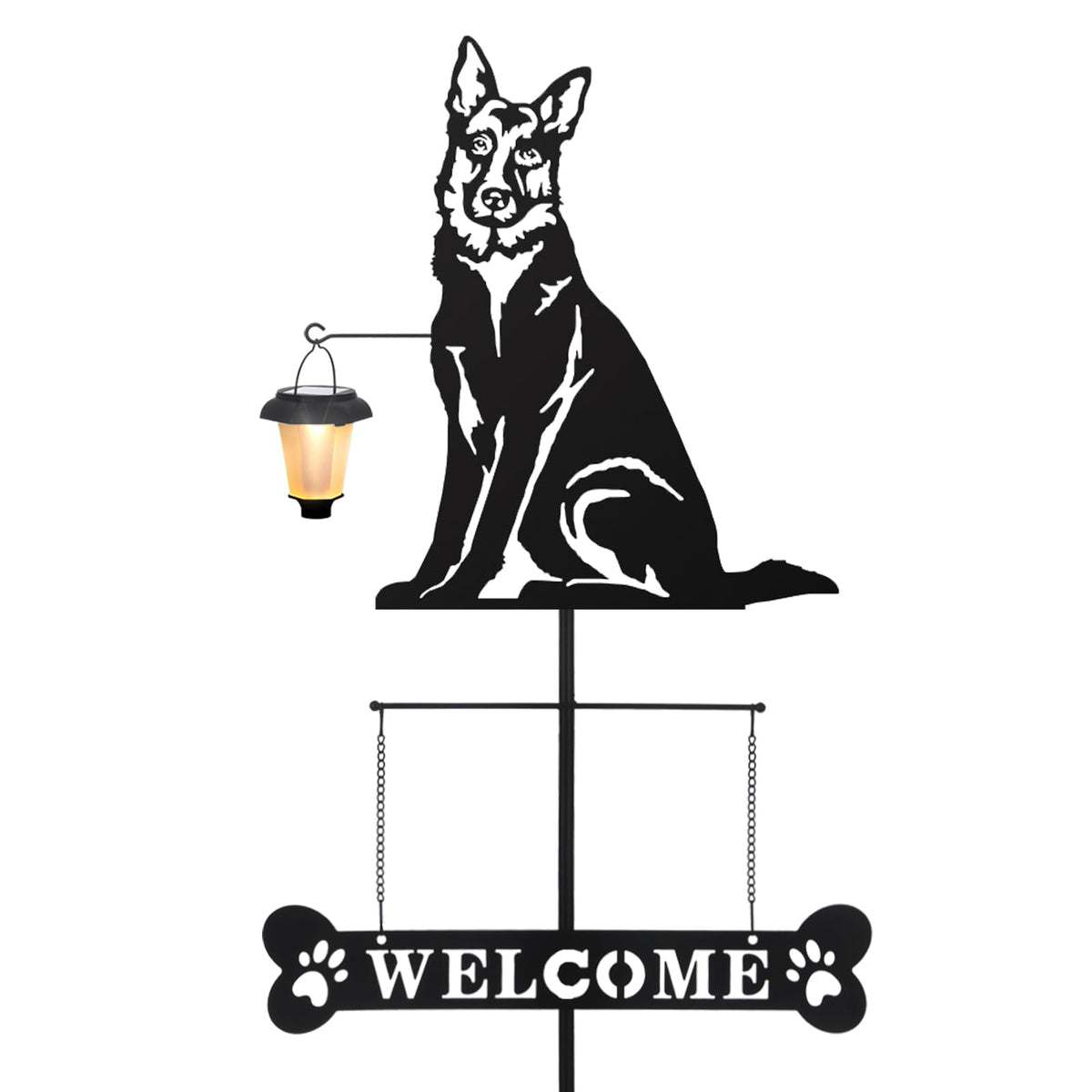 Bayn solar german shepherd lantern welcome sign silhouette glowing at dusk for curb appeal.