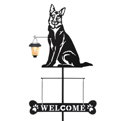 Bayn solar german shepherd lantern welcome sign silhouette glowing at dusk for curb appeal.