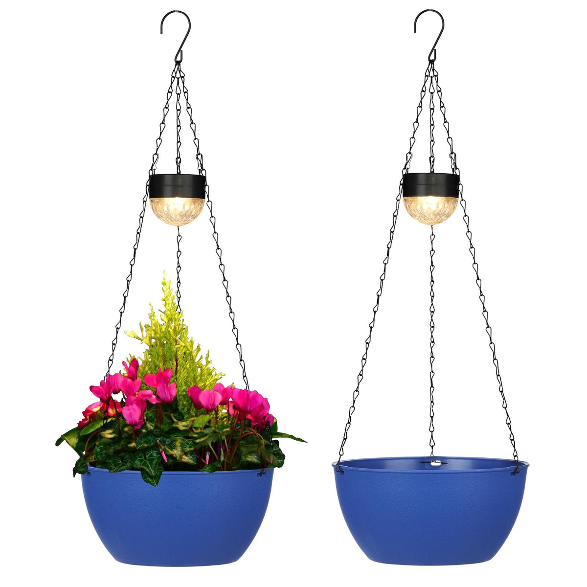 BAYN solar hanging basket blue textured close-up elevating outdoor balcony décor