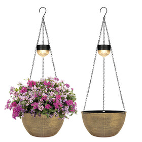 BAYN solar hanging basket planter with copper glow enhances outdoor decor.
