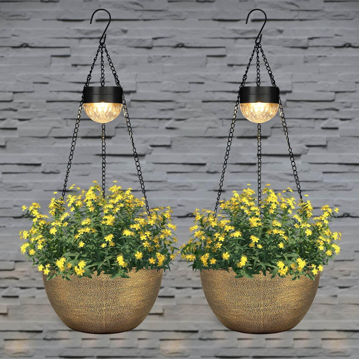 BAYN hanging planter at dusk lighting for warm garden ambiance.