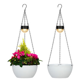 Bayn solar hanging basket planter set with white textured finish, ideal for elevating balconies and patios.