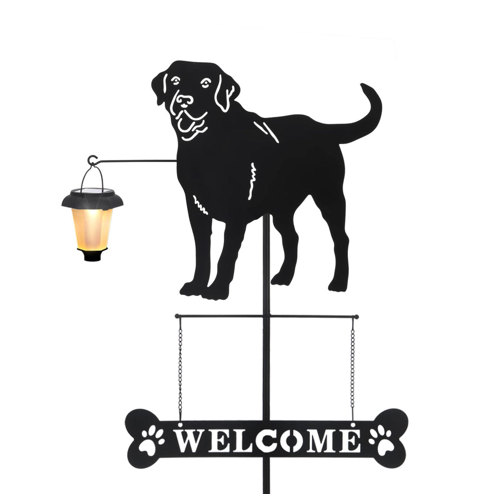 BAYN Solar Labrador silhouette welcome sign glowing at dusk for welcoming entry