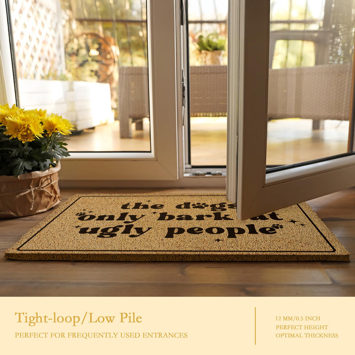 BAYOGITA dogs-only-bark doormat showing playful entryway humor.