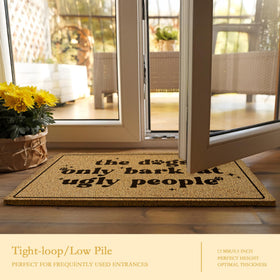 BAYOGITA dogs-only-bark doormat showing playful entryway humor.