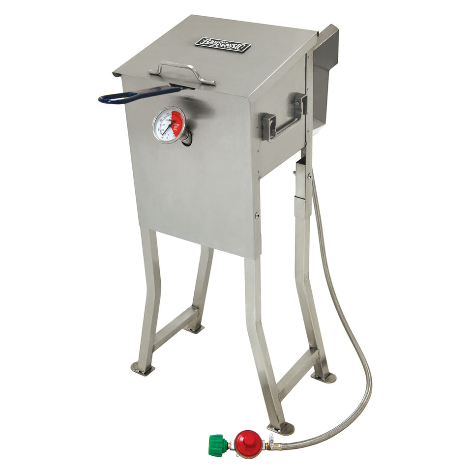 Bayou Classic 700-725 fryer on table or freestanding, durable stainless design for versatile cooking