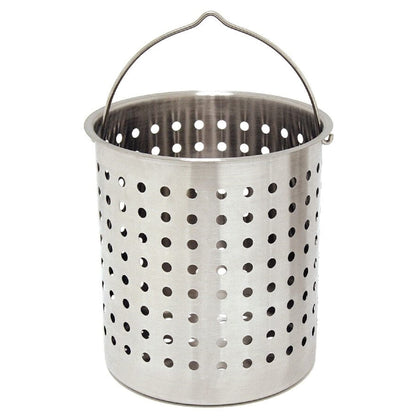 Bayou Classic fryer basket with perforations designed for 30 qt pots, ideal for steaming and boiling.