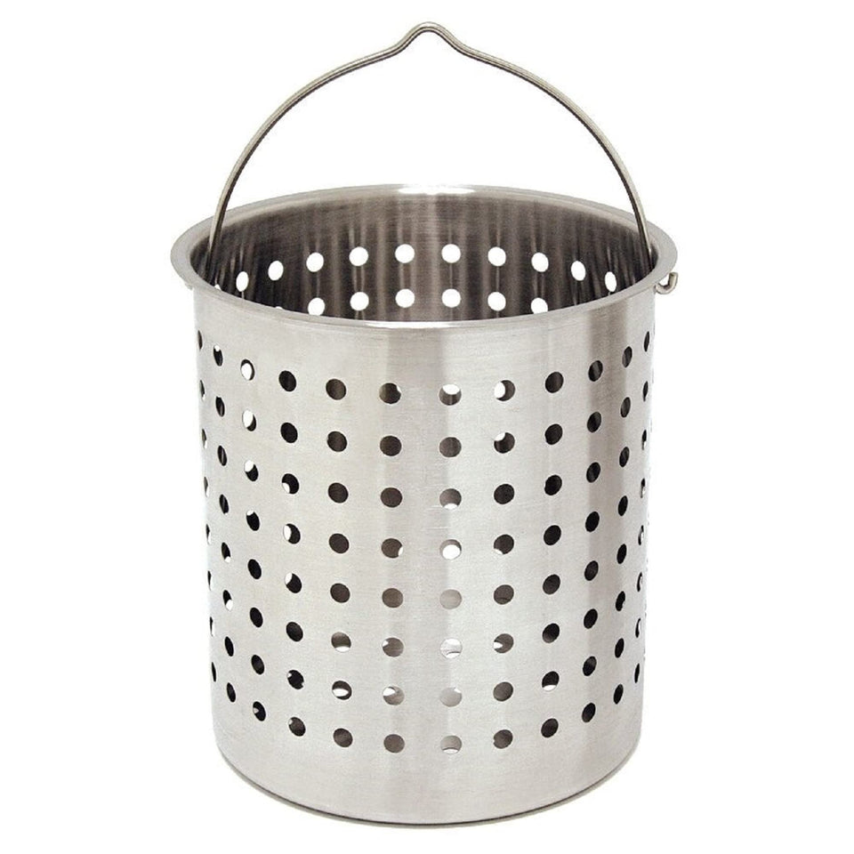 Bayou Classic fryer basket with perforations designed for 30 qt pots, ideal for steaming and boiling.