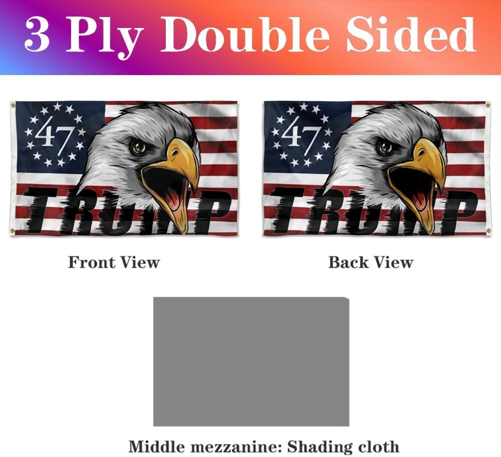 Bayyon Trump flag 3x5ft suitable for outdoor and indoor displays with eagle emblem.