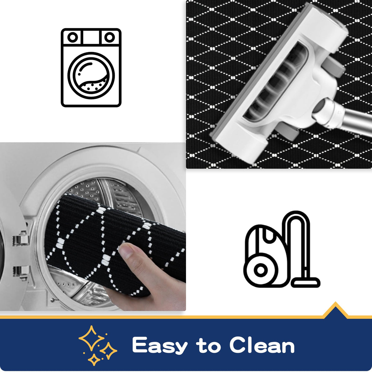 Bazasa easy-care rug cleans easily by vacuuming or machine washing.