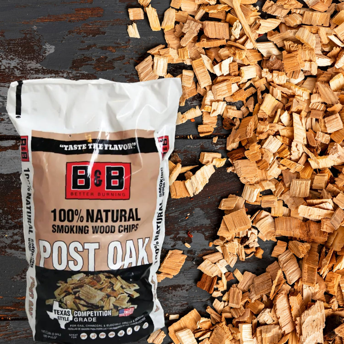 B&B Charcoal Post Oak chips inside pack, ready for quick loading