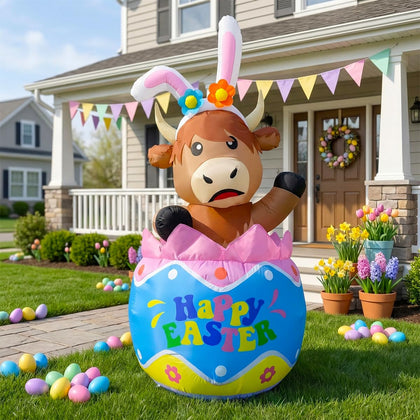 bbioc 5ft Easter inflatable Highland cow on a colorful egg, bright yard centerpiece