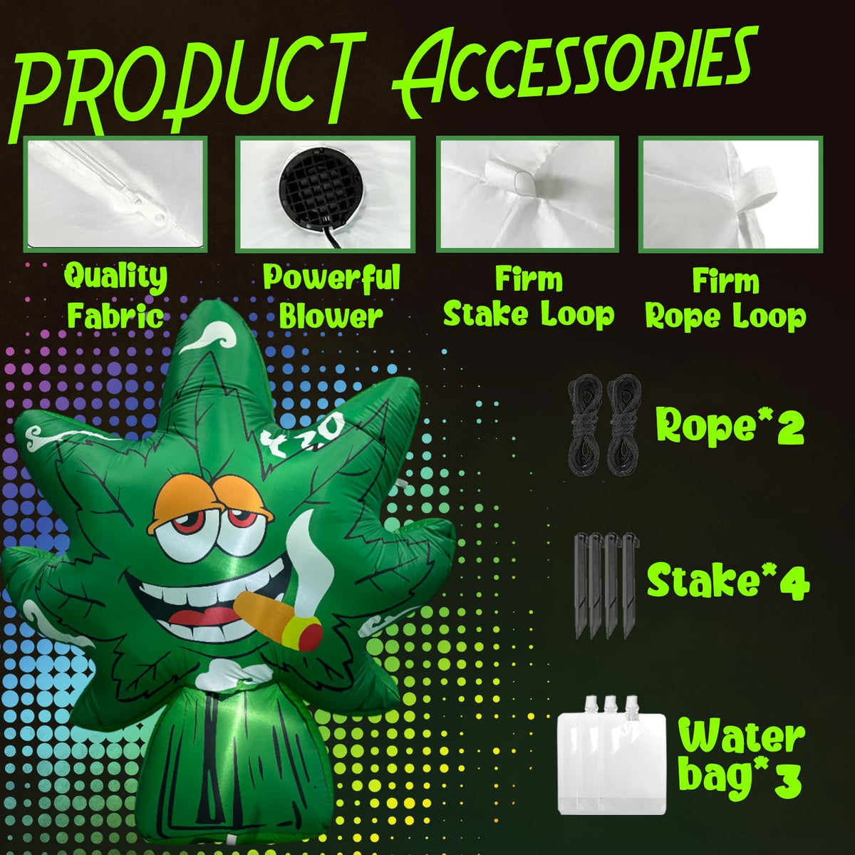 Bbioc inflatable includes ground stakes and water bags for secure placement.