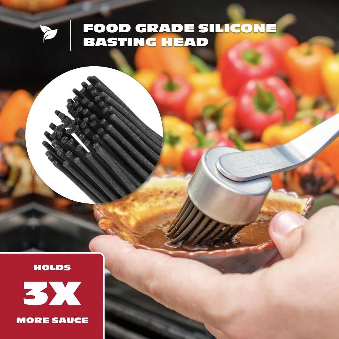BBQ-AID premium acacia wood handle keeps hands away from flames during basting.