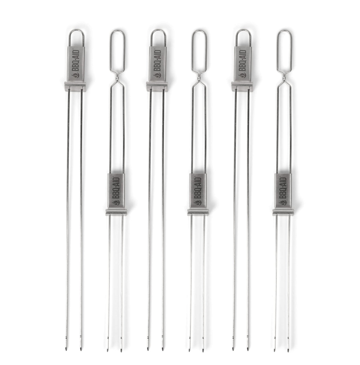 BBQ-Aid Premium skewers with integrated slider enable easy food release during grilling.