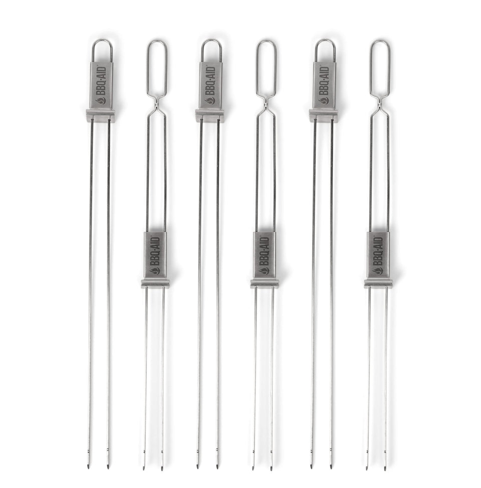 BBQ-Aid Premium skewers with integrated slider enable easy food release during grilling.