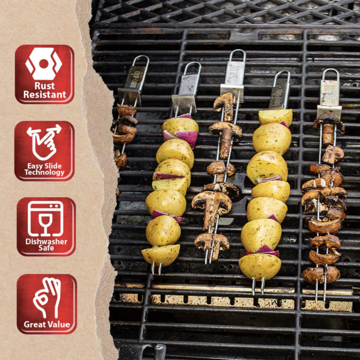 BBQ-Aid shish kabob stick long keeps shrimp and veggies steady.