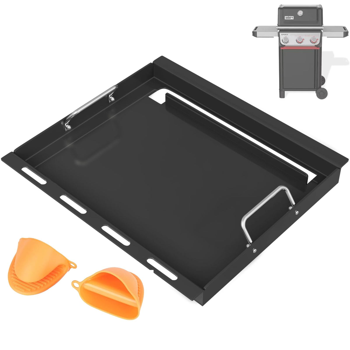 BBQ Future full-size griddle insert for Weber Spirit 300, front view ready for flat-top cooking.