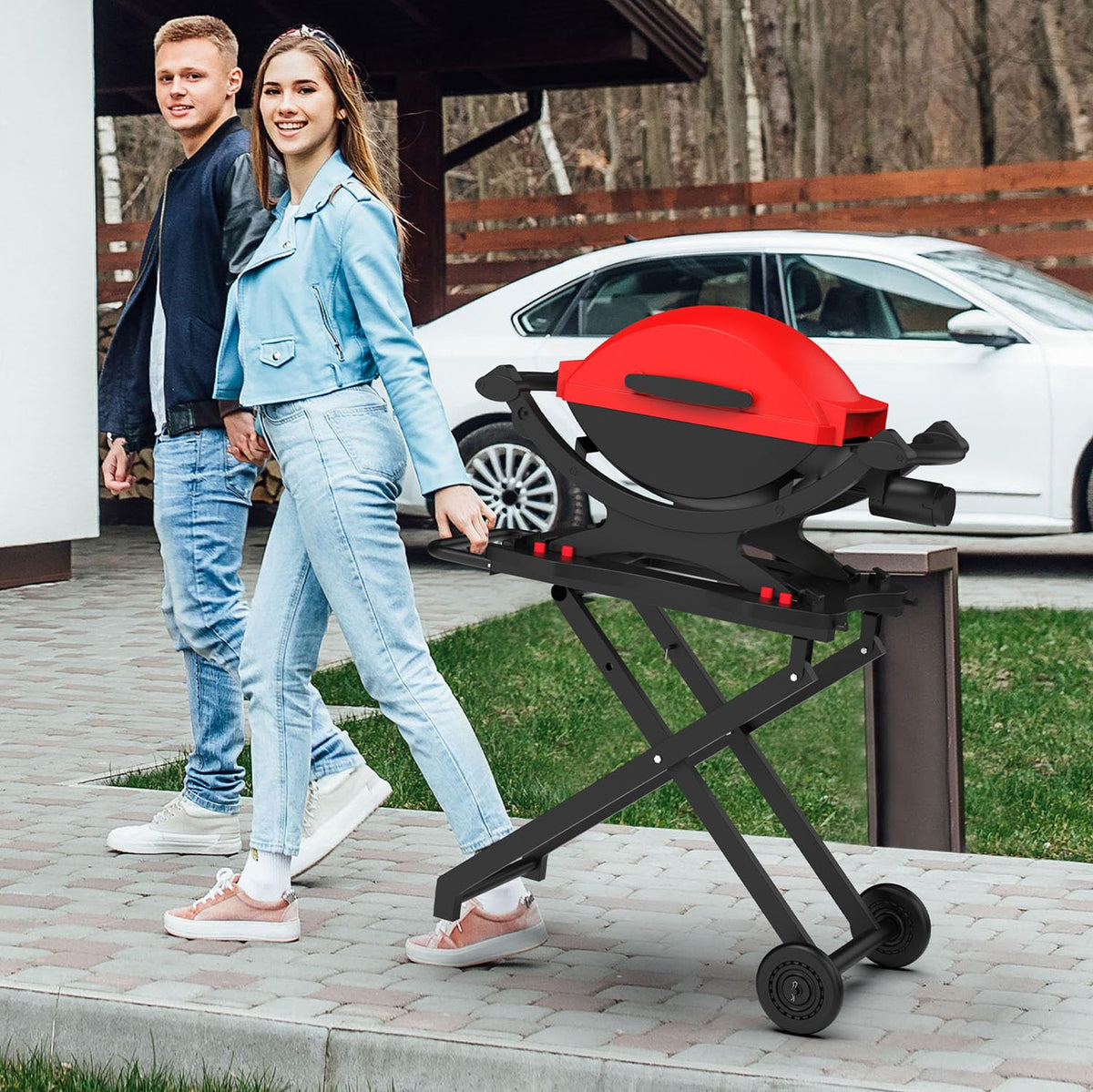 BBQ Future grill stand folded for space-saving storage
