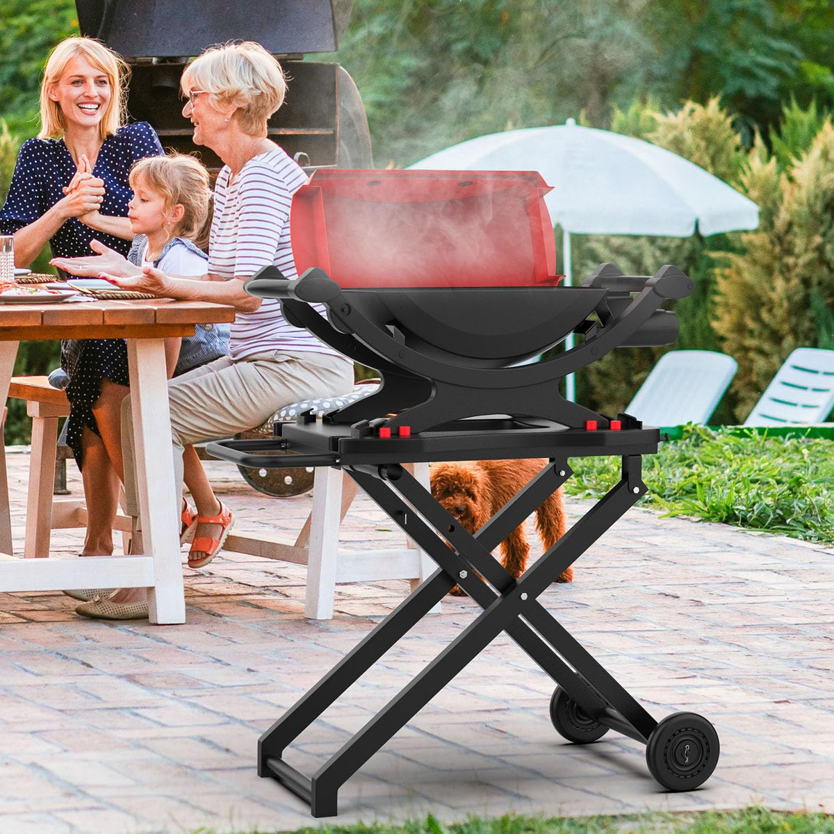BBQ Future grill stand side view highlighting stable X-shaped legs