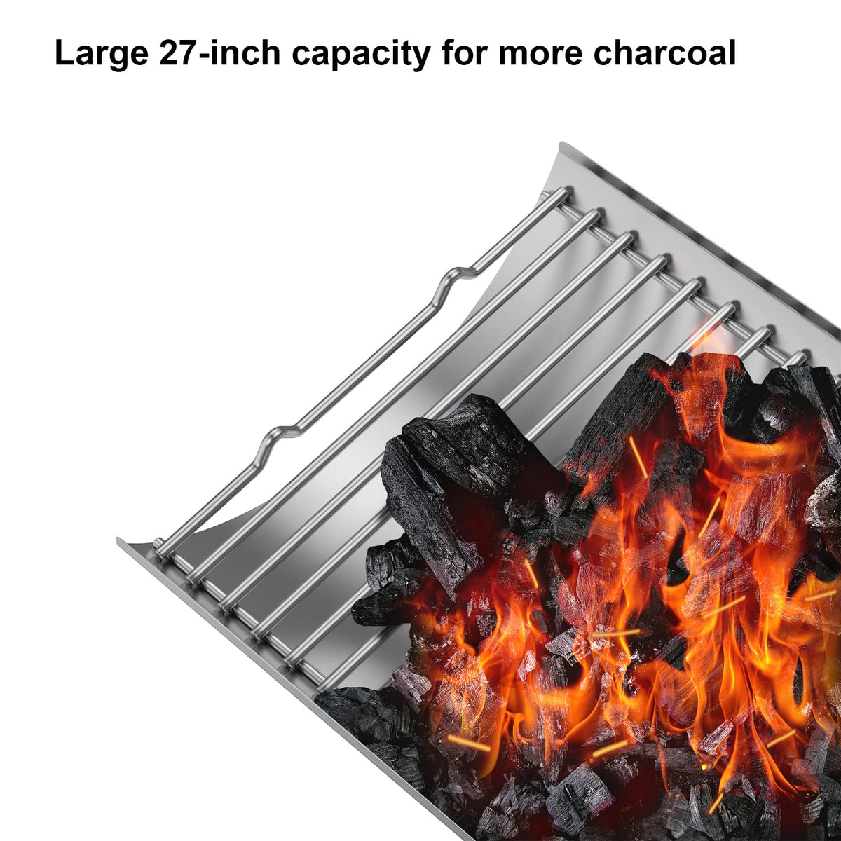 BBQ-PLUS ash pan with side carry handle for easy lifting.