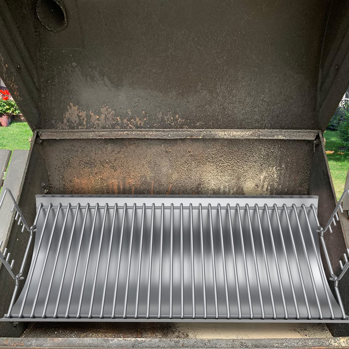 BBQ-PLUS ash pan installed on grill during cooking.