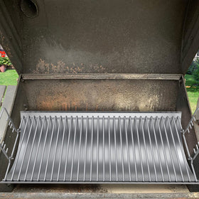 BBQ-PLUS ash pan installed on grill during cooking.