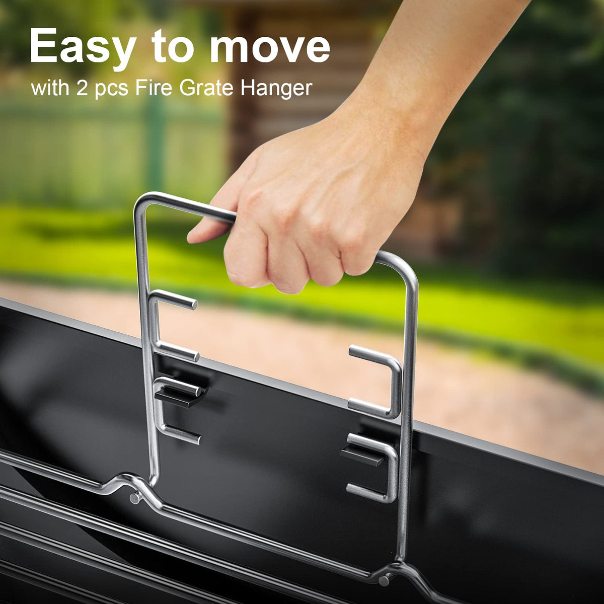BBQ-PLUS fire grate hanger pair stabilizes the ash pan.