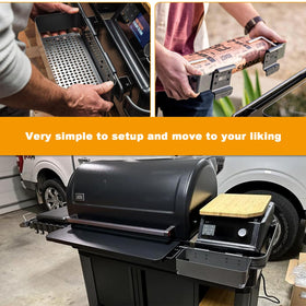 BBQ-PLUS P.A.L. rail mounted on Traeger keeps workspace organized.