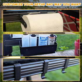 BBQ-PLUS P.A.L. rail installs tool-free on the grill rail for quick setup.